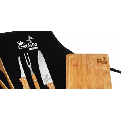 Kit Churrasco com Tábua Bambu e Avental Personalizado