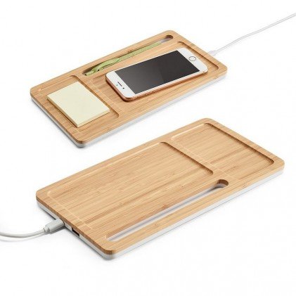 Organizador em Bambu com Carregador Wireless e Suporte para Celular Personalizada